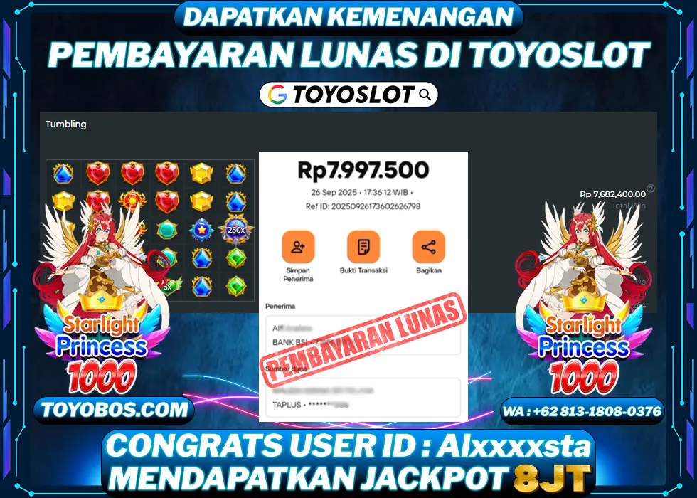 TOYOSLOT - BUKTI KEMENANGAN Starlight Princess 1000x Rp8,000,000,- LUNAS